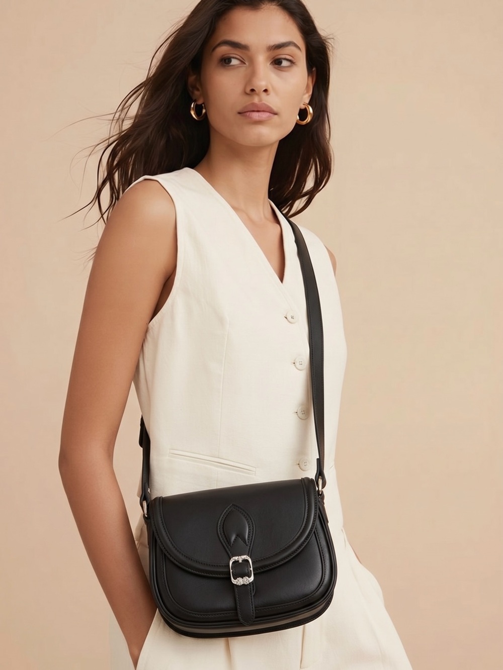 Sam Edelman Black Leather Saddle Crossbody with Buckle Strap